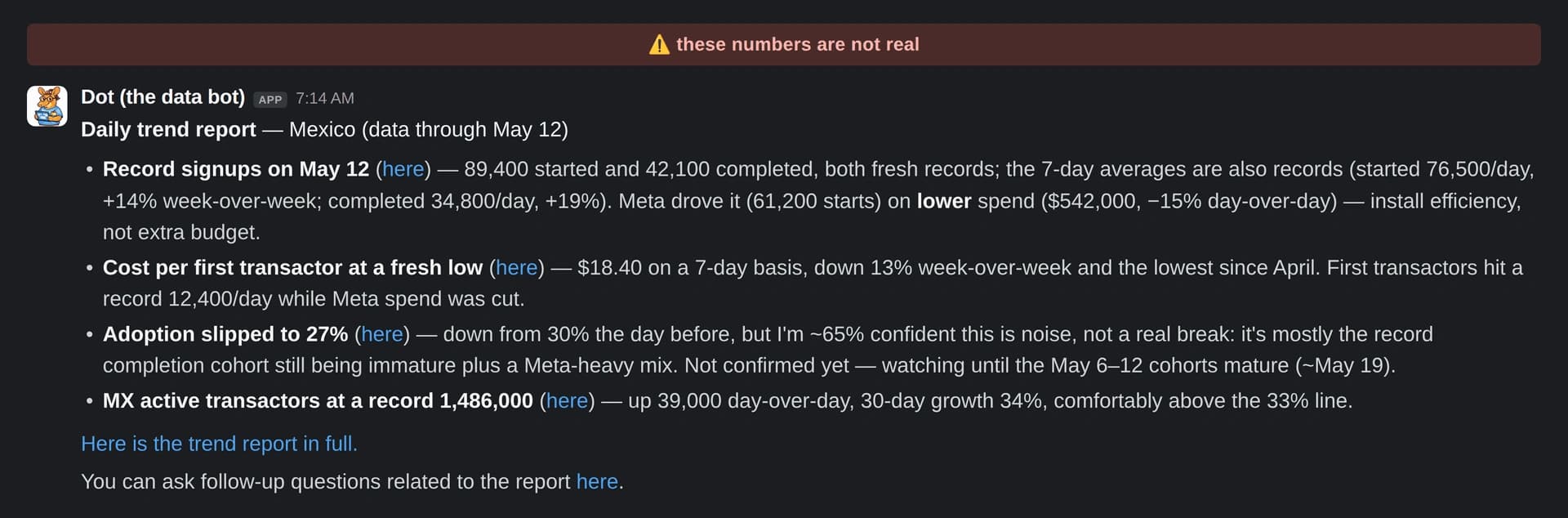 Dot posts its daily growth report to Slack