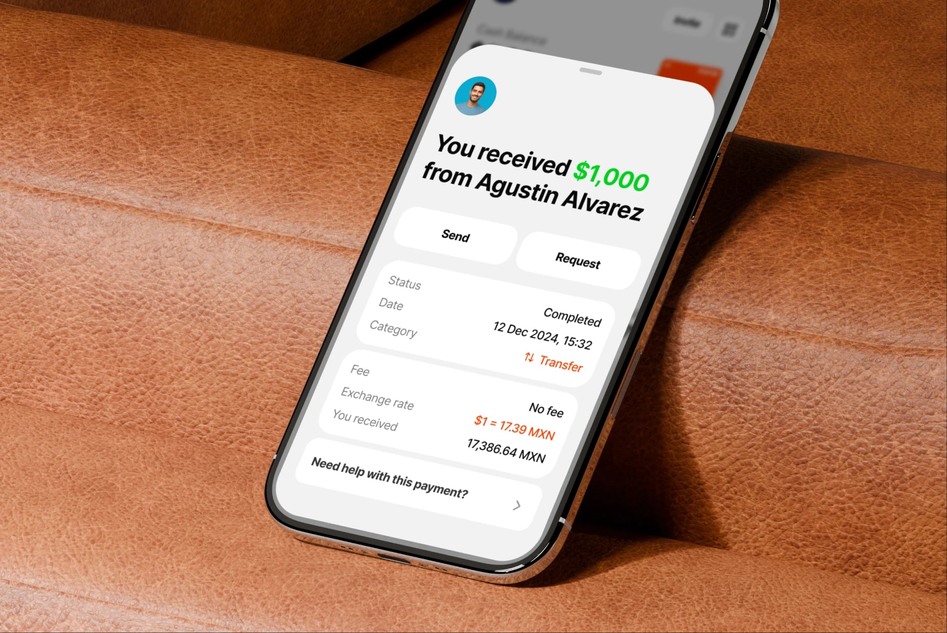 Morse app showing $1,000 received from Agustin Alvarez