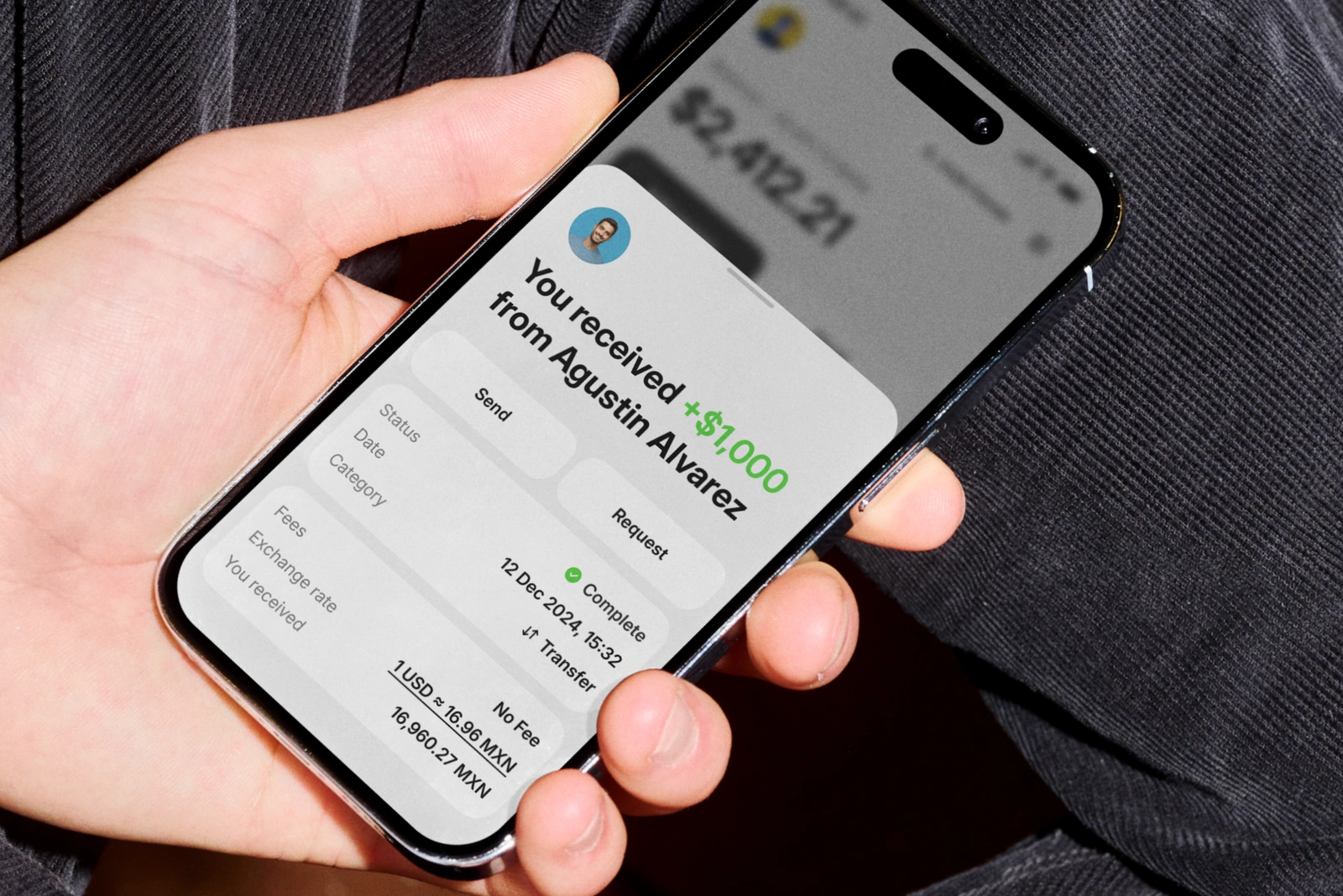 Morse app showing $1,000 received from Agustin Alvarez