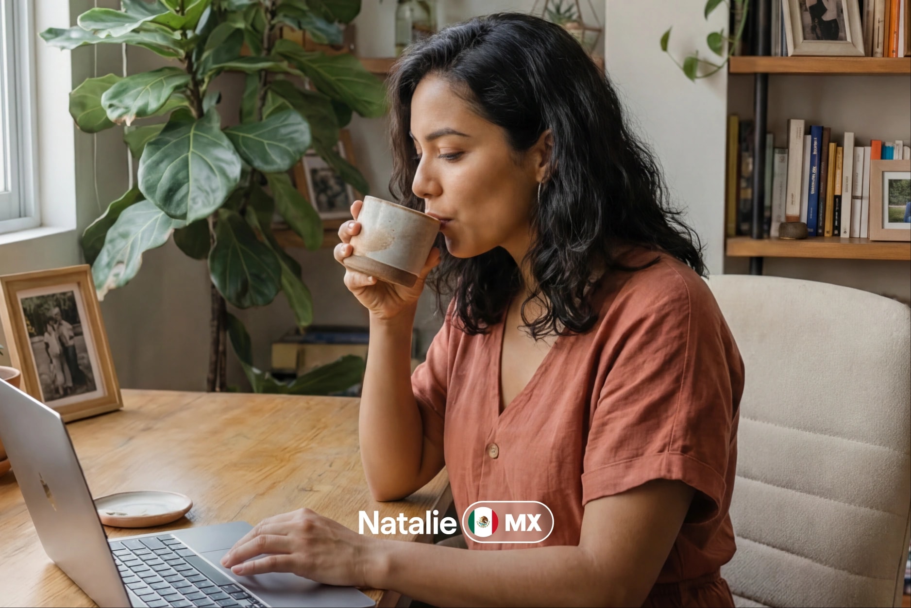 Natalie from Mexico at her laptop with a coffee in hand