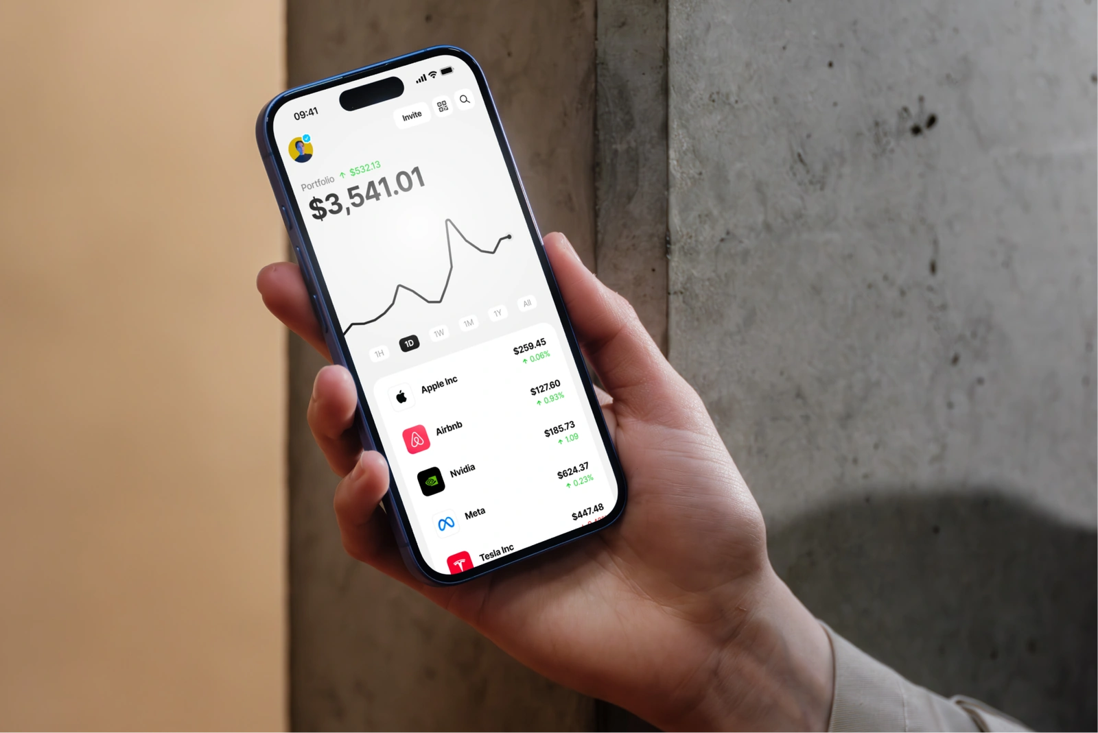 Morse app investing screen showing a $3,541 portfolio with Apple, Airbnb, Nvidia, Meta, and Tesla