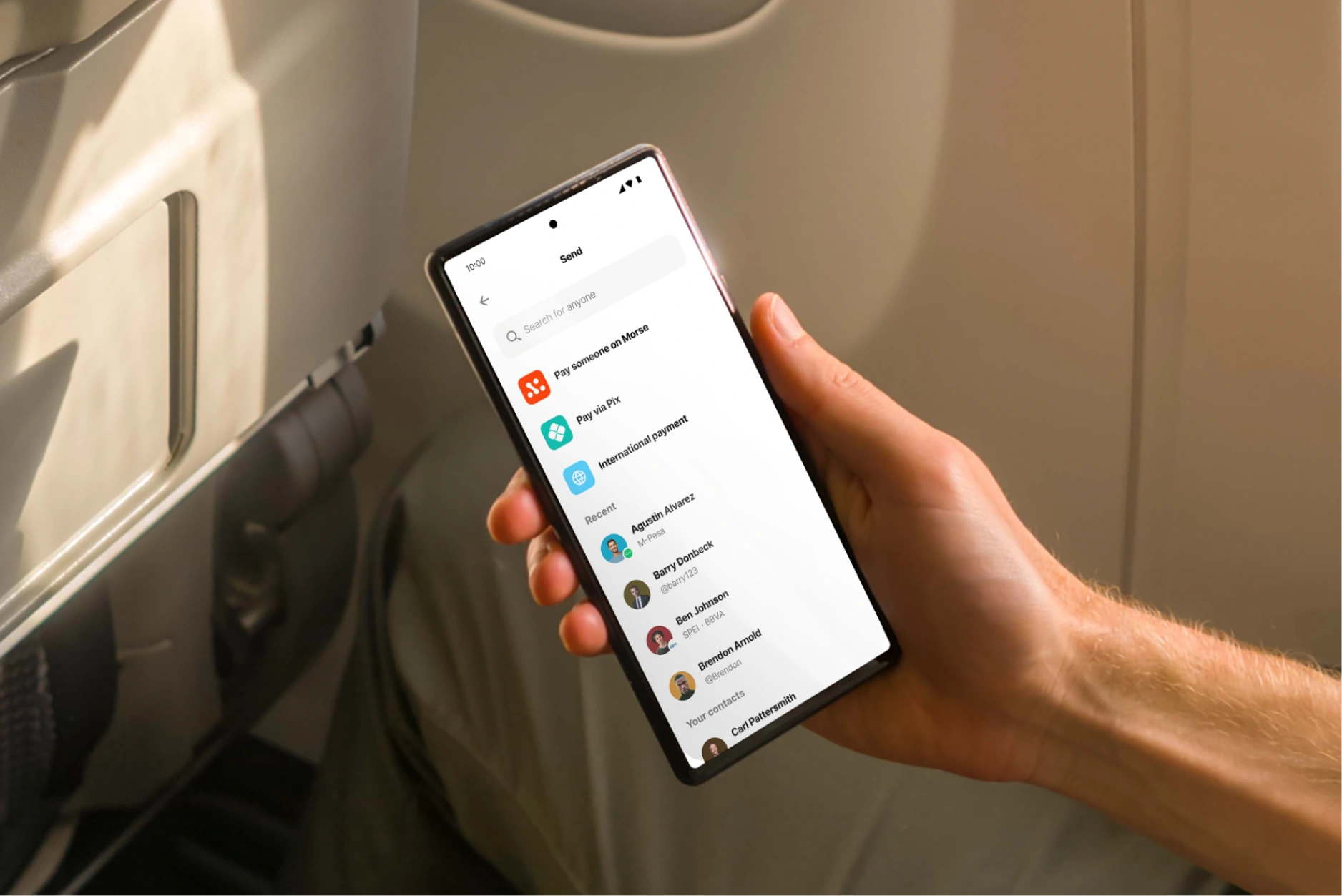 Morse app send screen showing contacts on an airplane