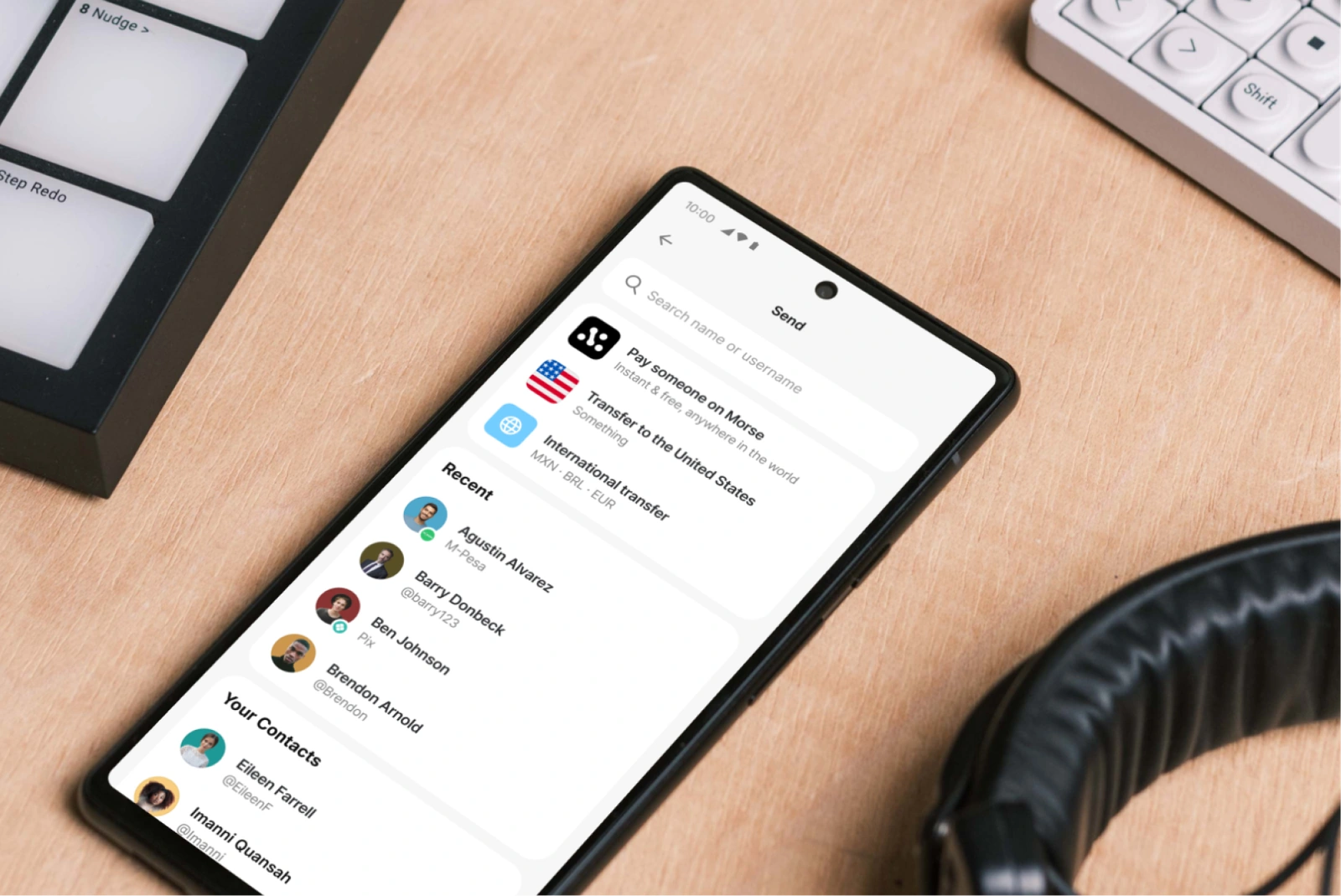 Morse app send screen with options to pay on Morse, transfer to the US, and send internationally
