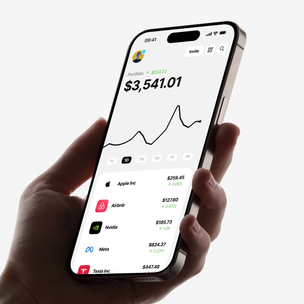 Viewing Meta stock chart on Morse invest at a dinner table