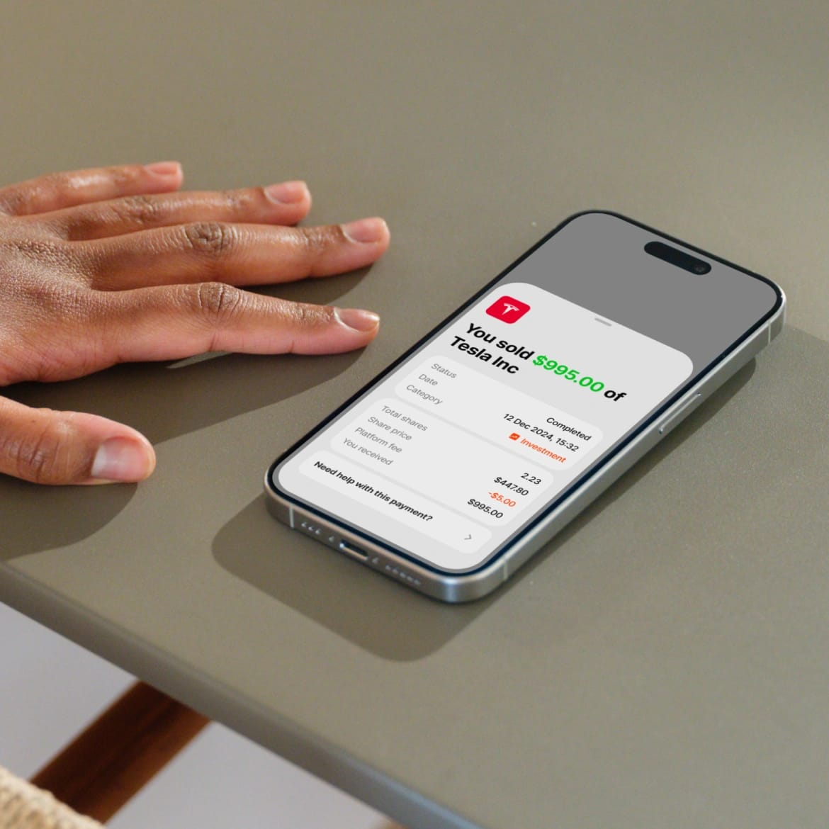 Tesla stock sale confirmation showing $995 sold on Morse