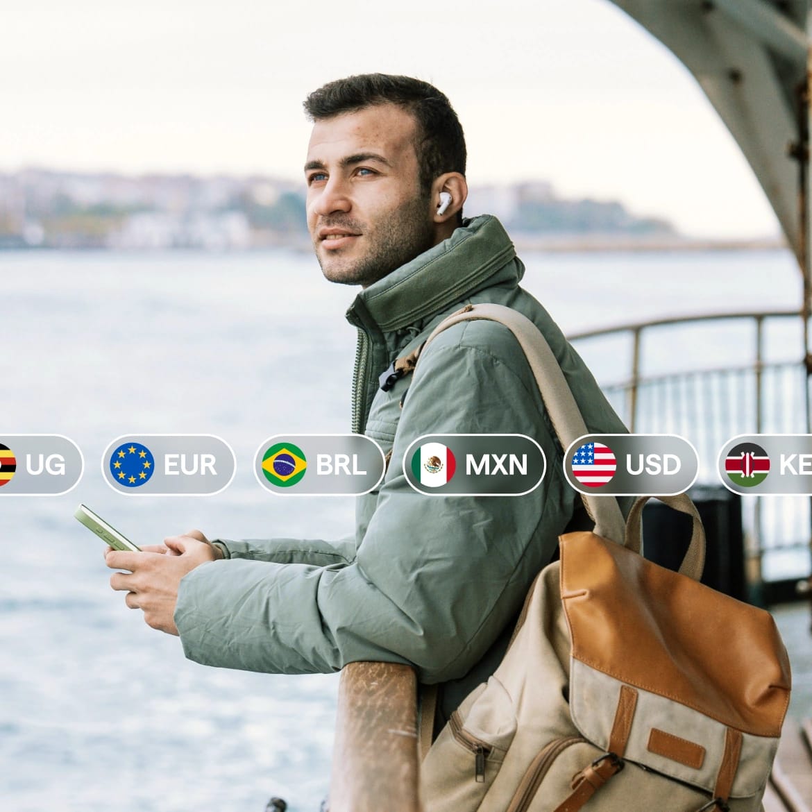 Traveler on a ferry with currency badges for UGX, EUR, BRL, MXN, USD, and KES