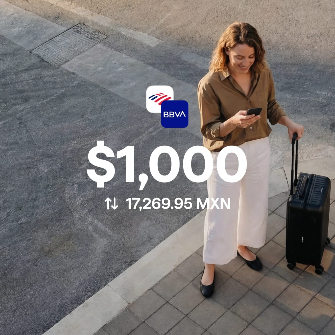 Woman with a suitcase transferring $1,000 to 17,269.95 MXN between her Bank of America and BBVA accounts