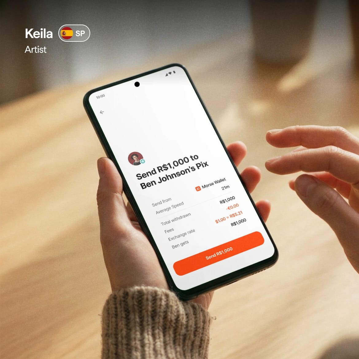 Keila, an artist from São Paulo, sending R$1,000 to Ben Johnson via Pix