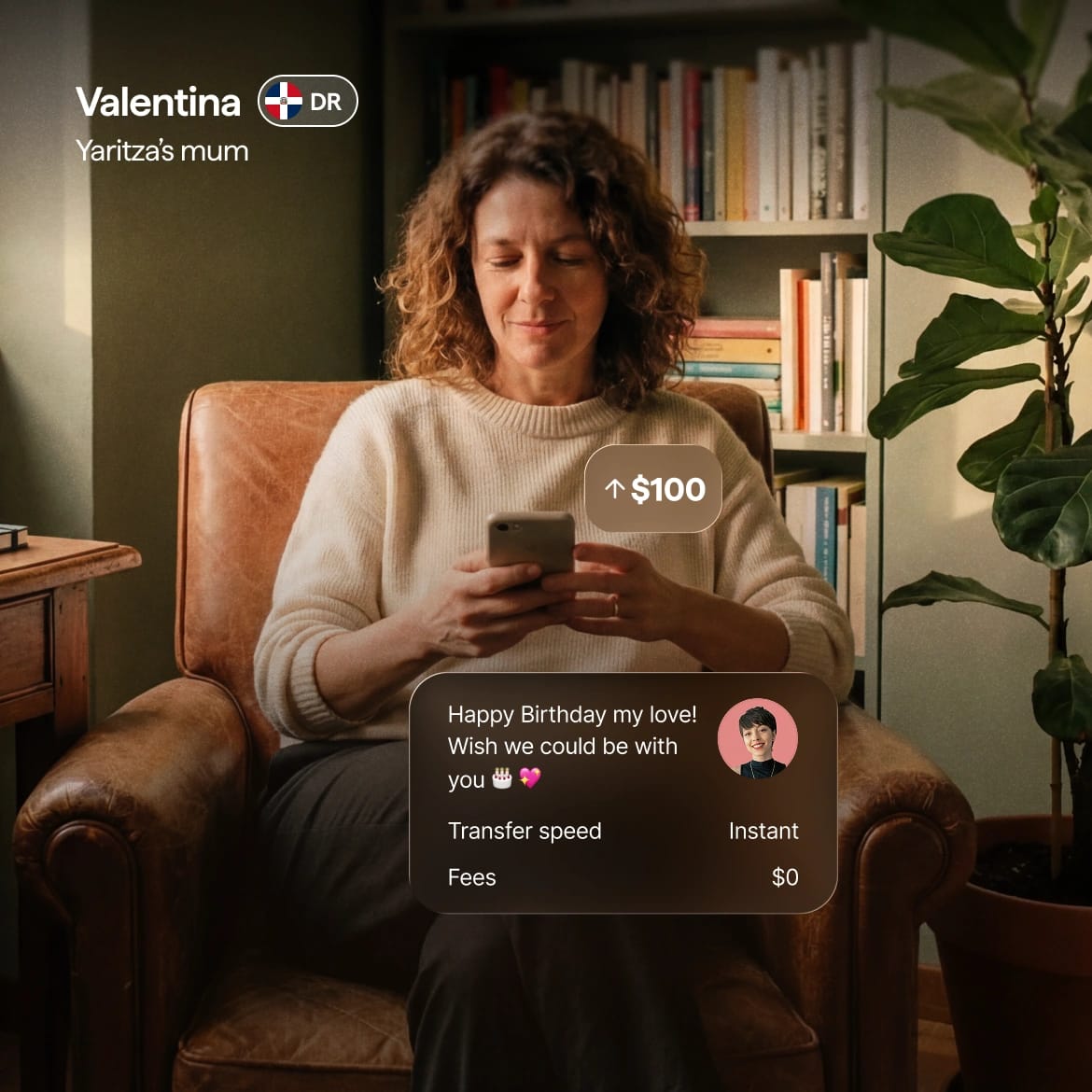 Valentina from the Dominican Republic sending a $100 birthday gift to her daughter Yaritza