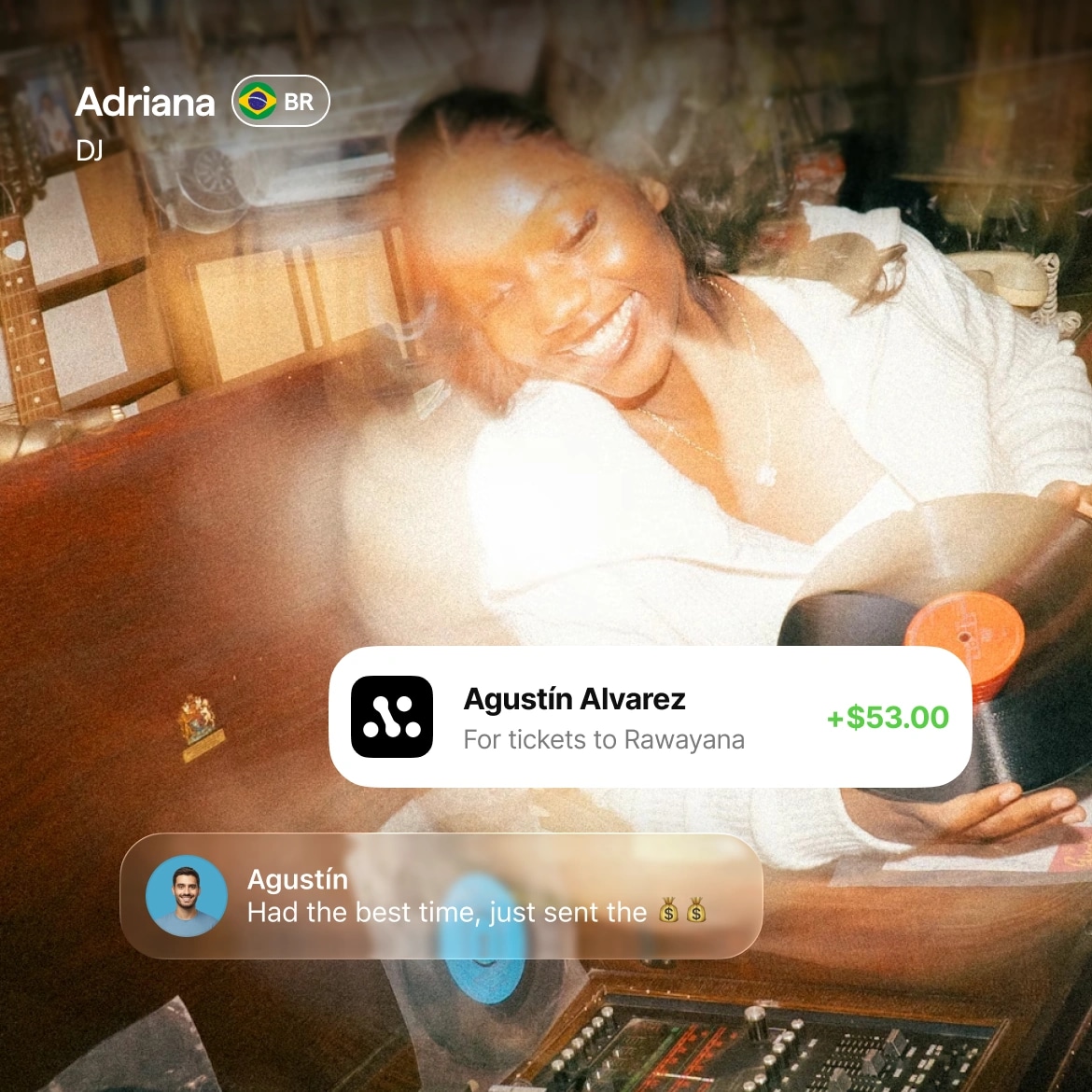 Adriana, a DJ from Brazil, receiving $53 from Agustín Alvarez for Rawayana tickets