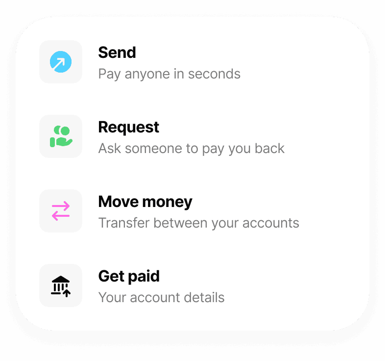 Morse app menu showing Send, Request, Move money, and Get paid